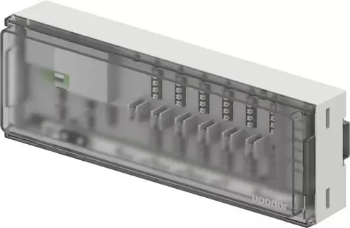 Transparente Steuerungseinheit von Uponor mit mehreren Anschlüssen, geeignet zur Regelung von Heizsystemen. Gehäuse aus Kunststoff, standardisierte Anschlussmöglichkeiten.
